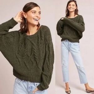 Anthropologie Sleeping On Snow Green Cable Knit Crew Neck Sweater, XS
